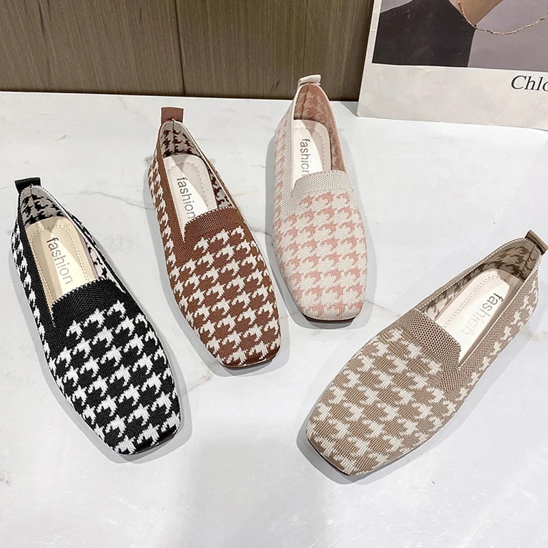 

Woman Loafers Houndstooth Knitted Slip On Shoes Spring Flat Moccasins Ladies Wide Fit Zapatos De Mujer