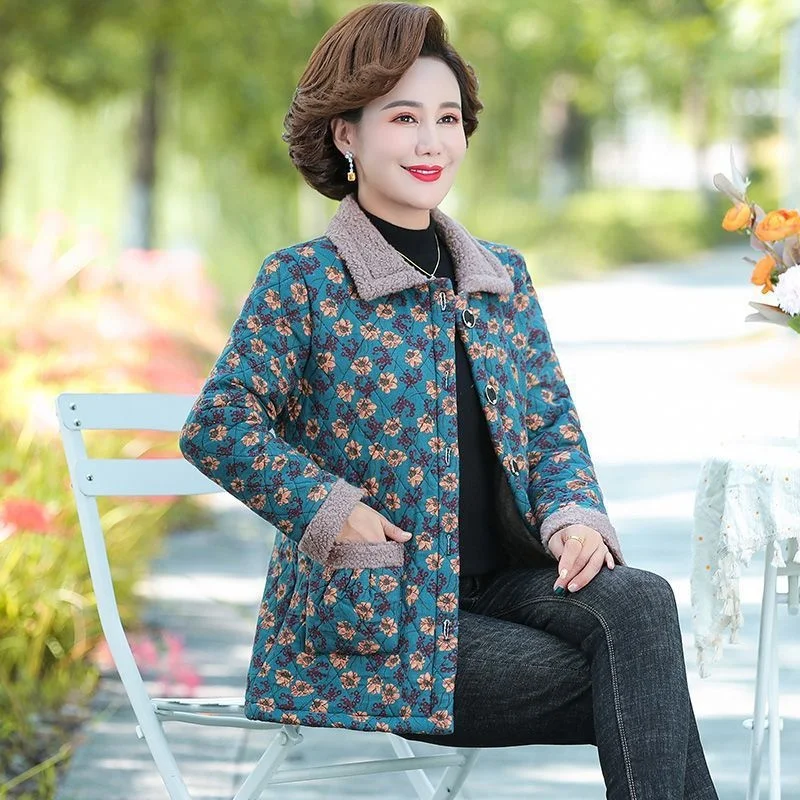 Fleece warm floral cotton jacket short coat for middle-aged female mother in winter