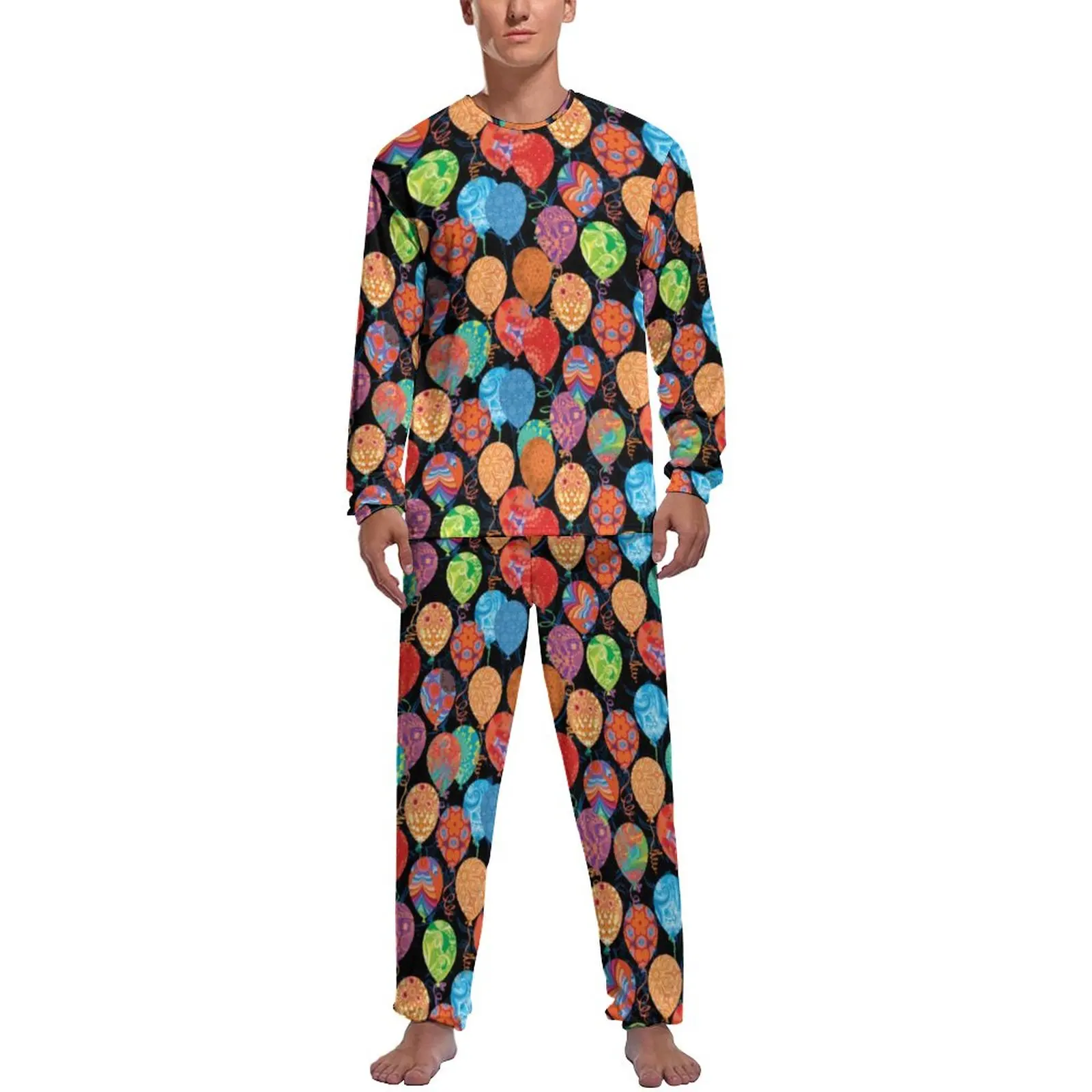 Birthday Balloon Pajamas Spring Colorful Print Bedroom Sleepwear Man Two Piece Graphic Long-Sleeve Cool Pajama Sets