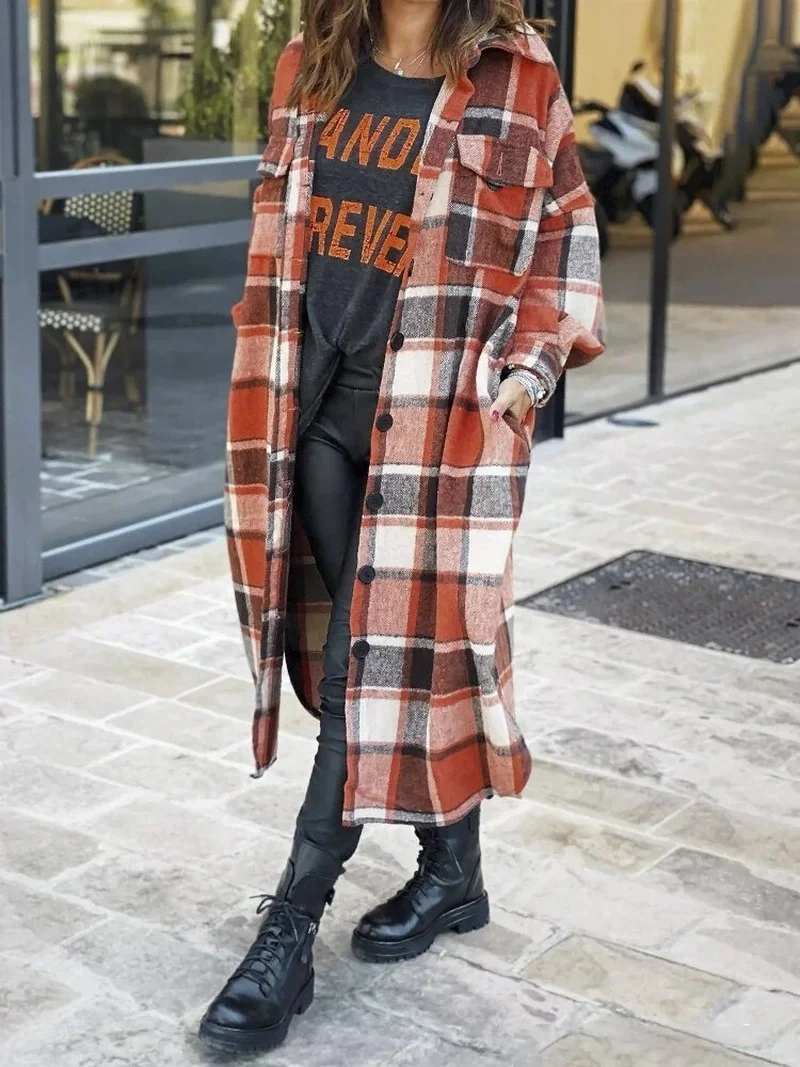 

Women's Plaid printed long windbreaker Lapel side split women's long sleeve tweed plaid coat with pocket button coat 2021 new