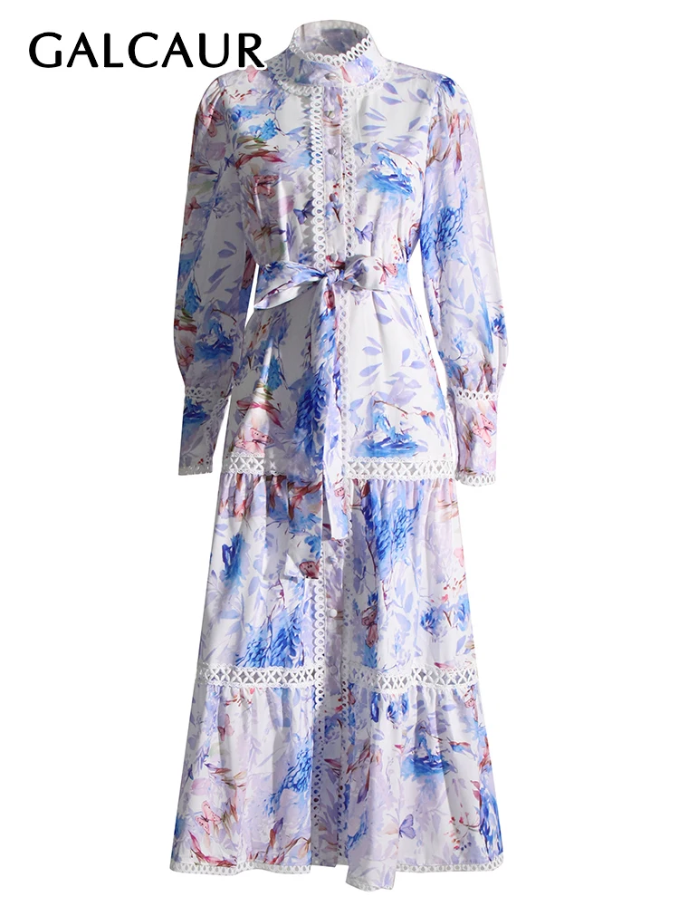 

Женское ажурное платье с воротником-стойкой, длинным рукавом и высокой талией, 2023