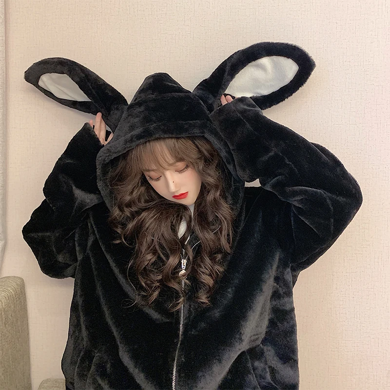 Warm Parkas Kawaii Harajuku Couple Hoodies Cute Rabbit Ears Black Hooded Outwear Women Sweet Korean Loose Warm Plush Coats Y2k
