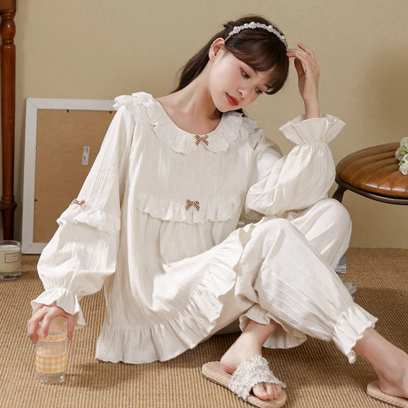Pajama Sets Women Spring Fashion Kawaii Sweet Elegant Tender Long Flare Sleeve Nightwear Loose Soft Chic Sleepwear Pyjamas Sets