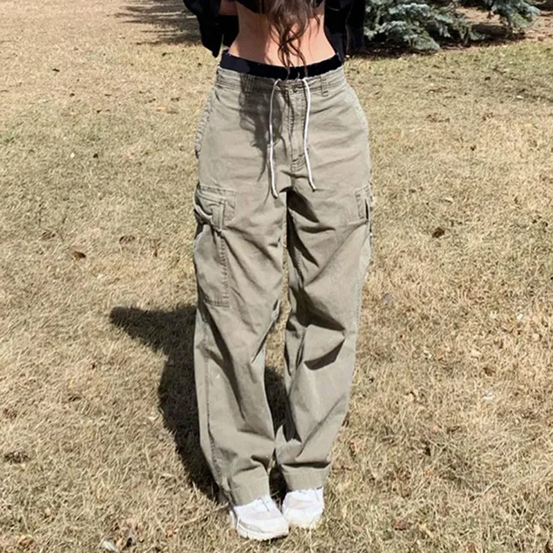 

Vintage 90S Cargo Pants Women Fashion Drawstring Low Waist 2022 Autumn Baggy Overalls Straight Jeans Fairycore Oversized