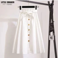 casual cotton skirts 2022 spring summer korean stylesolid elegant highwaist single breasted bow lace up a line midi skirclothes