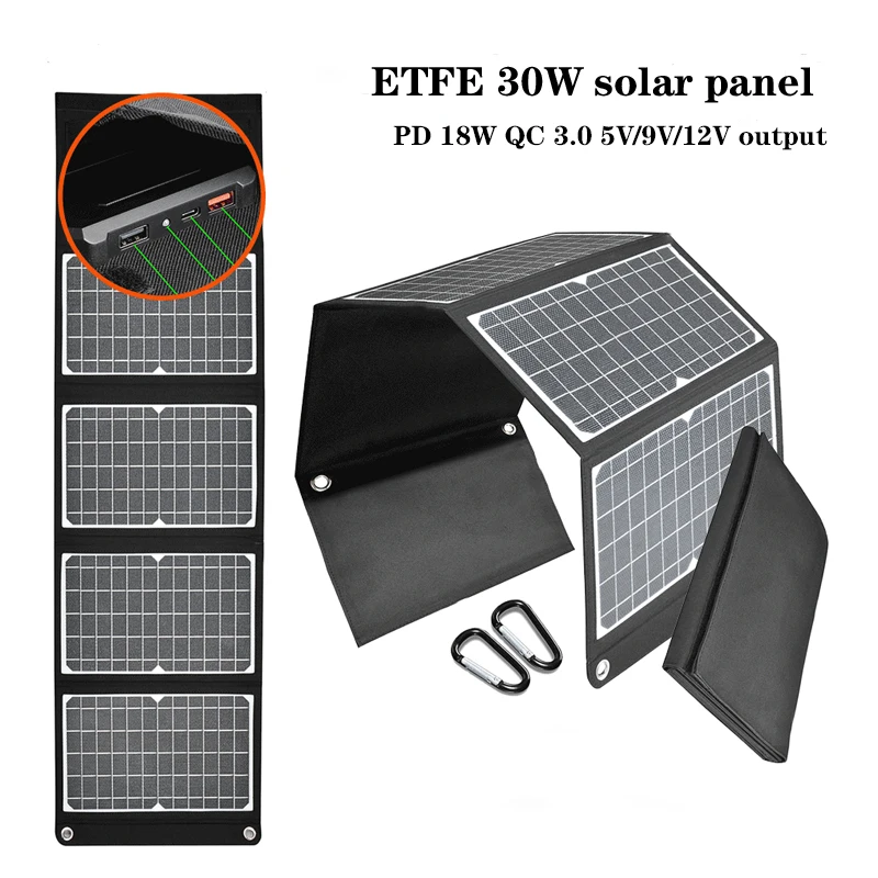 

2023 JMUYTOP ETFE 30W Solar charge Foldable PD 18W Portable Power Bank Type C PD USB QC3.0 5V 9V 12V Output panels solar