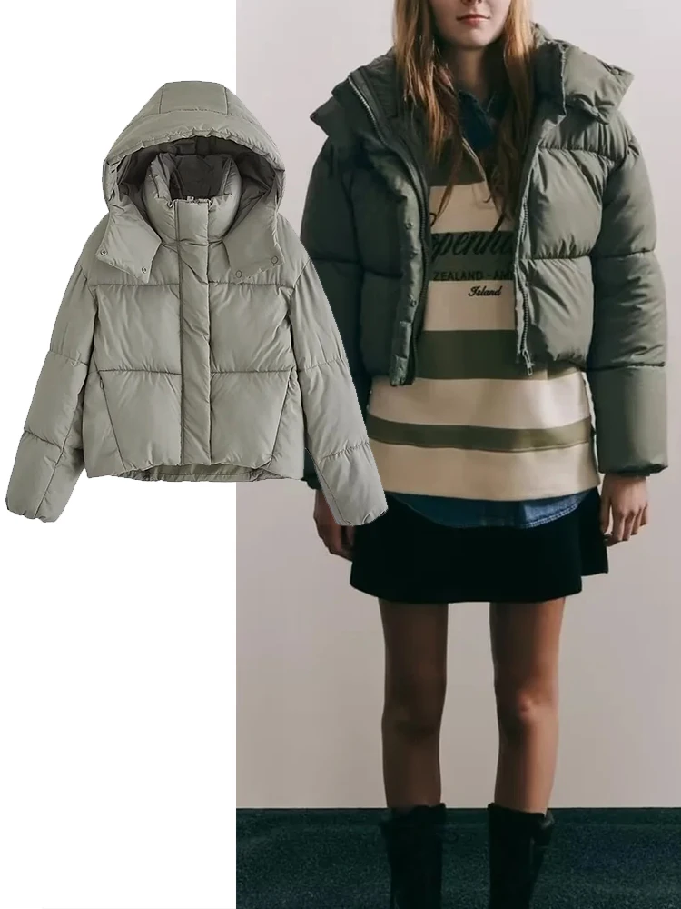 

TRAF Women 2022 Winter Fashion Thick Warm Hooded Padded Jacket Coat Vintage Long Sleeve Female Outerwear Chic Tops