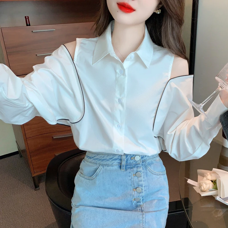 

Женская шифоновая блузка в стиле пэчворк, свободная Модная рубашка с открытыми плечами и длинным рукавом, летний Повседневный Топ, новинка ...