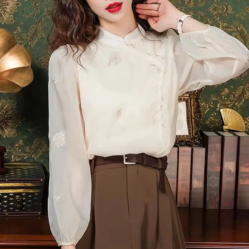 Модная женская блузка с воротником-стойкой и вышивкой длинным рукавом рубашка