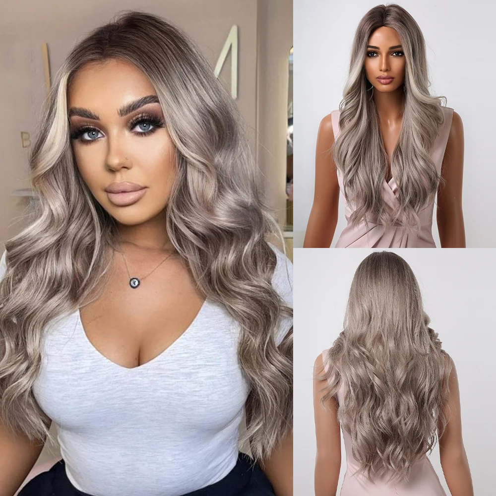 

Long Wavy Ash Blonde Synthetic Wigs Middle Part Ombre Wigs for Black Women Afro American Daily Cosplay Hair Wig Heat Resistant