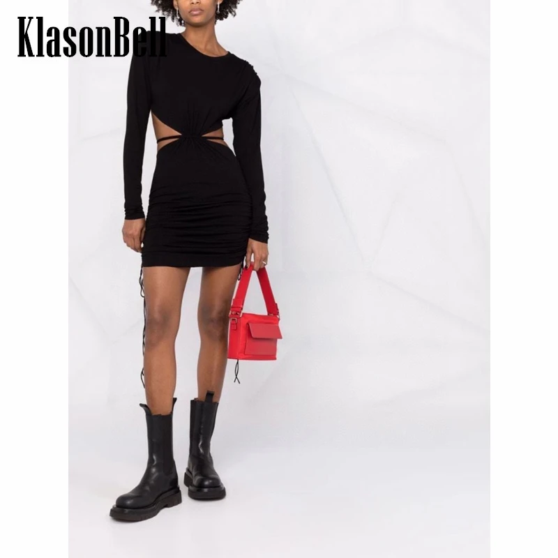 

9.28 KlasonBell Sexy Hollow Out Drawstring Ruched Slim Shoulder Pads Party Dress Women