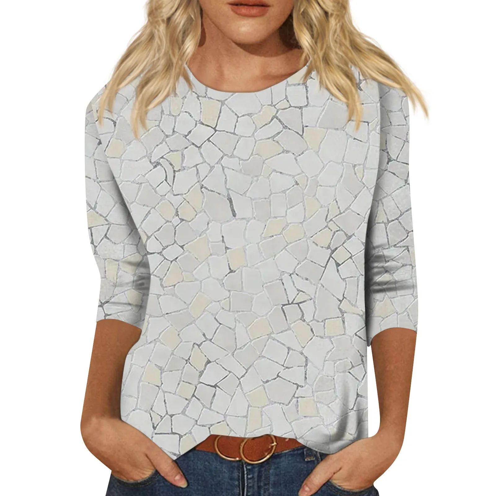 

Women'S Fashion Tops Three Quarter Sleeve Round Neck Blouse Plus Size Casual Sweatshirt Print Tops Autumn Loose Jumper 2023