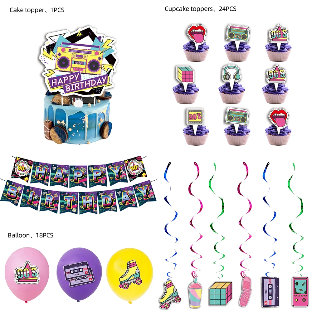 

Hip Hop 90‘s Theme Birthday Party Supplies Disposable Tableware Set Decorations Retro Disco Cupcake Toppers Balloons Baby Shower