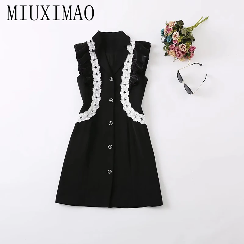 

MIUXIMAO 2022 High Quality Autumn&Winter Elegant Long Sleeve Notched Print Single Breasted Fashion Short Dress Women Vestide