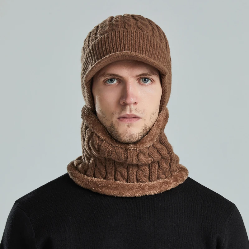 

Winter Warm Scarf Knitted Hat Hat Visors Scarf Set Male Plush Velvet Thick Women Face Caps Hood Men Outdoor Ear Protection Neck