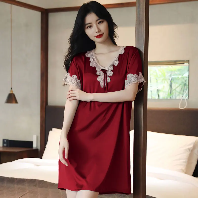 New Pajamas Female Summer Ice Silk Loose Large Size European Sexy Lace Short Sleeved Sleeping Dress Sleepwear Women