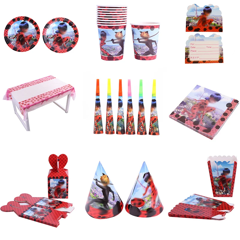 New Optional cute lady bugg Decoration Party favors Plates Fork Flag Children Kids Birthday Party Disposable Tableware Sets