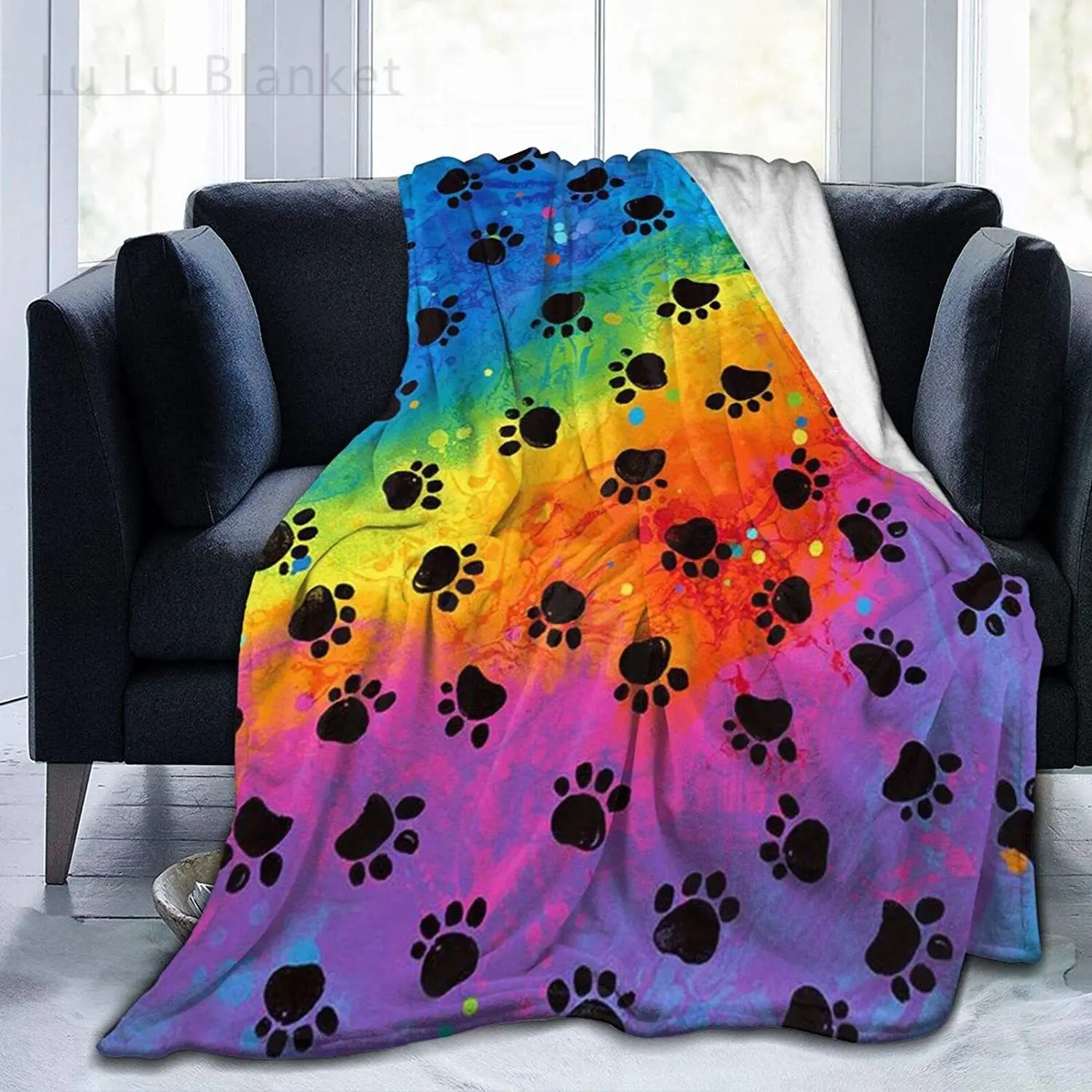 

Flannel Blanket,Rainbow Dog Paw Print Throw Luxury Blankets-Fuzzy Blankets Air Conditioning Blanket All Season for Bed Adults