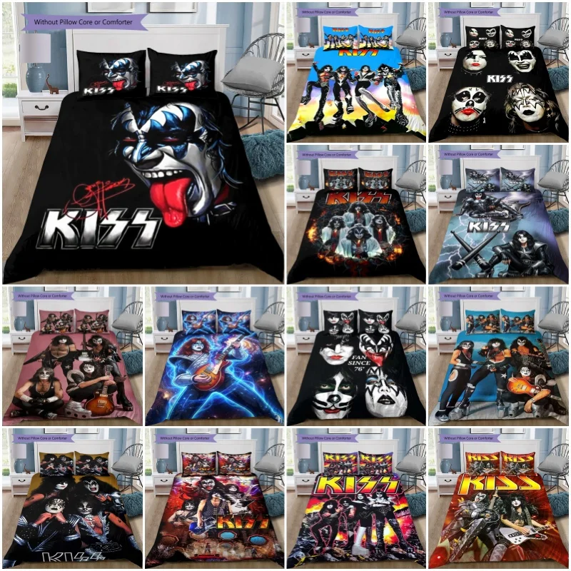 Фото Комплект постельного белья Kiss Band Rock Music с портретом Джина Симмонса, пододеяльник и наволочки, декор для спальни для фанатов хэви-метала №1