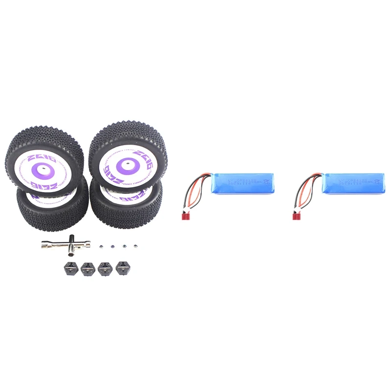 

Front & Rear Tire Wheel With 2 Pcs 7.4V 2200Mah Upgrade Large Lipo Battery 2S, For Wltoys 144001 124018 124019 RC Car