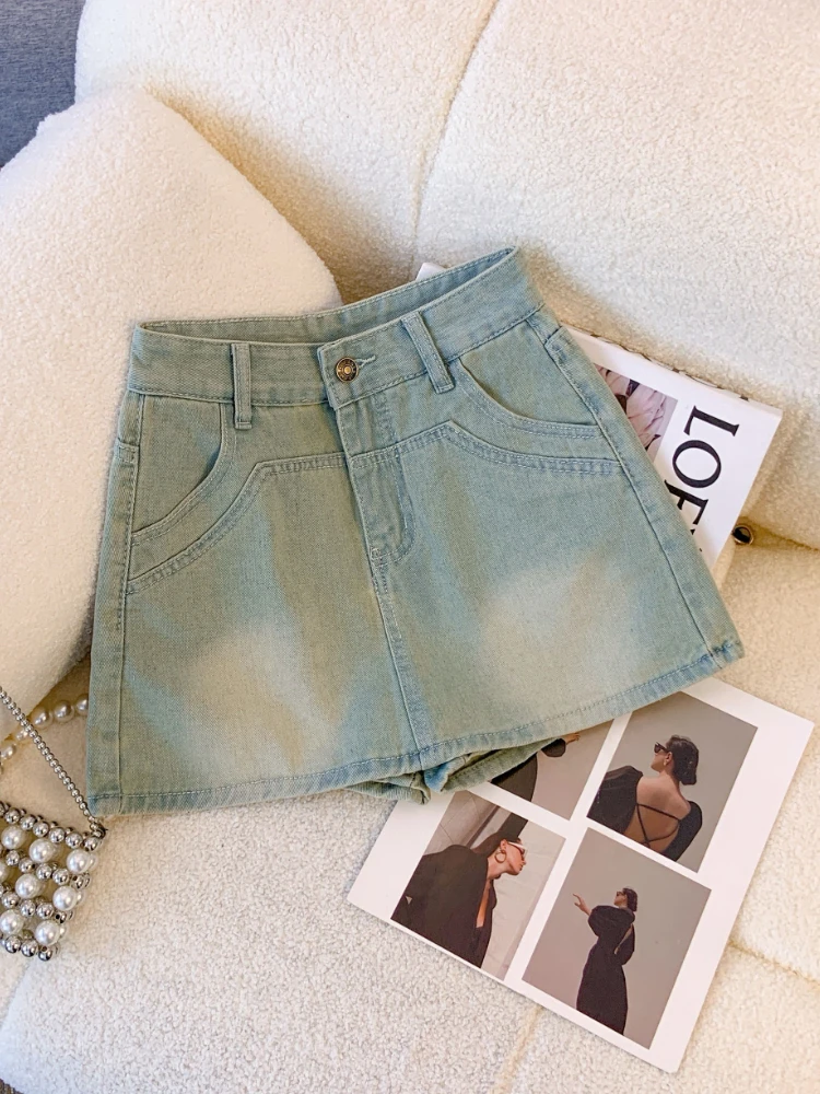 New Summer Women Fashion High Waist Wide Leg Denim Shorts Skirts Lady Casual Solid Color A-line Straight Jean Shorts