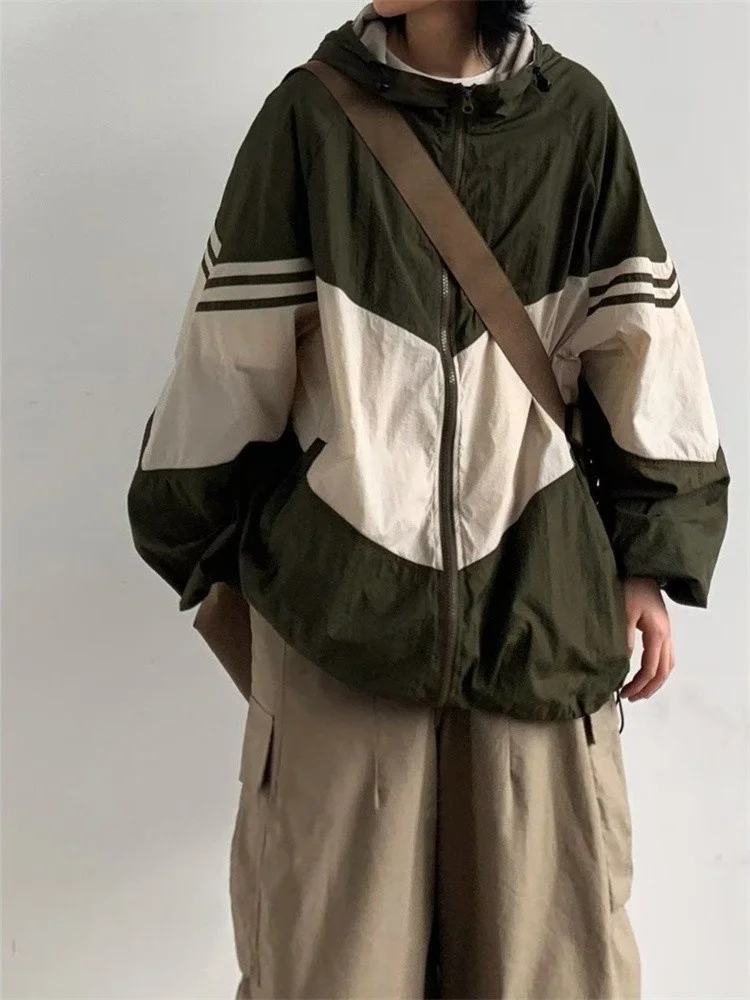

Vintage Hooded Gorpcore Jacket Women Japanese Style Quick Dry Green Outerwear Oversized Harajuku Retro Patchwork Brown Coat Top