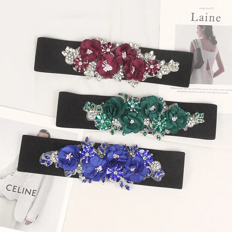 Women Flower Applique Wide Fabric Waist Belt Flower Embroidery Elastic Waistband Fashion Spring Corset Strap Shirt Belt Ceinture