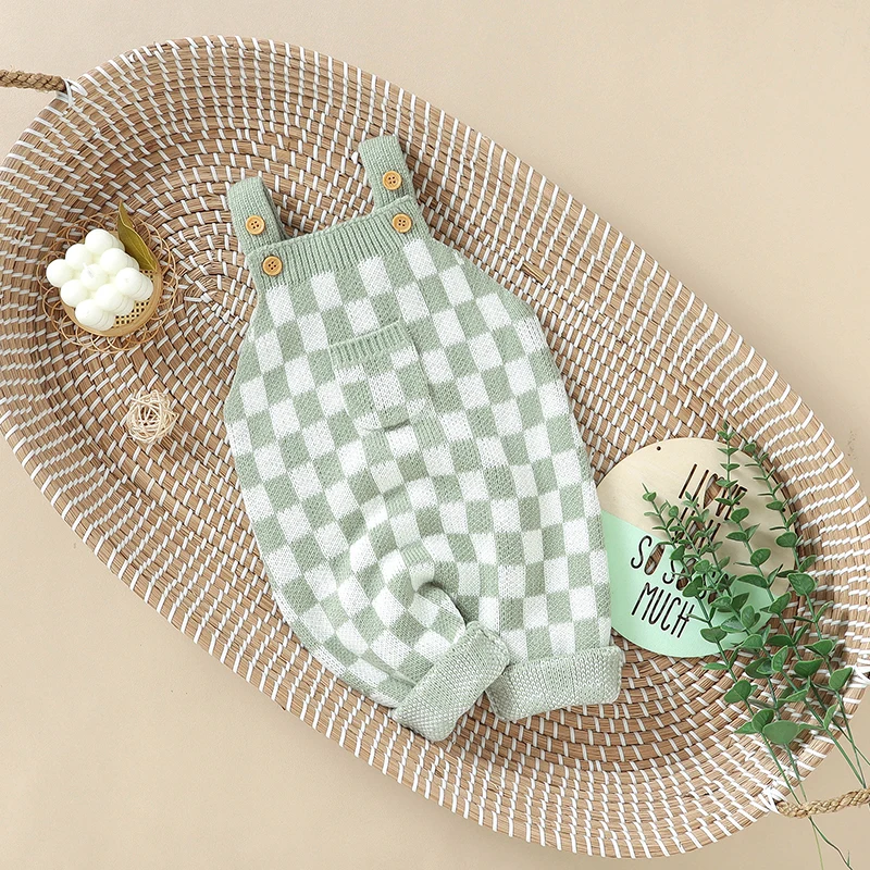 

Комбинезоны для новорожденных, повседневная клетчатая вязаная Верхняя одежда без рукавов для маленьких мальчиков и девочек, комбинезоны, наряды, цельная одежда