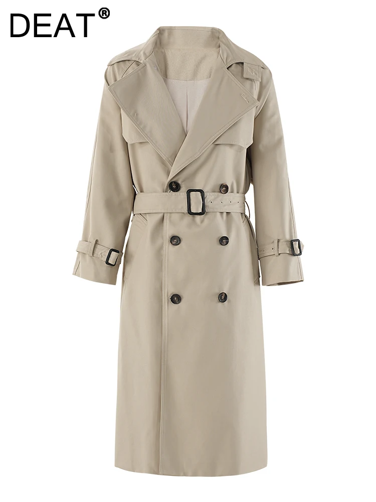 DEAT модный женский бежевый плащ с зубчатым воротником свободный крой двубортный