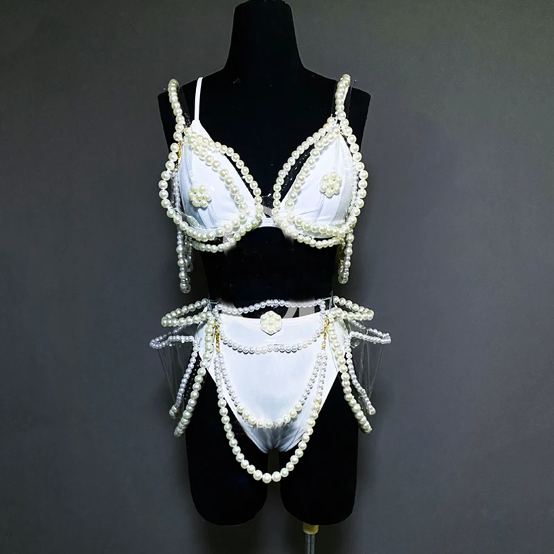 

Sexy White Pearls Bikini Pole Dance Clothing Nightclub Dj Ds Gogo Costume Festival Rave Outfit Stage Show Solo Clubwear XS5072