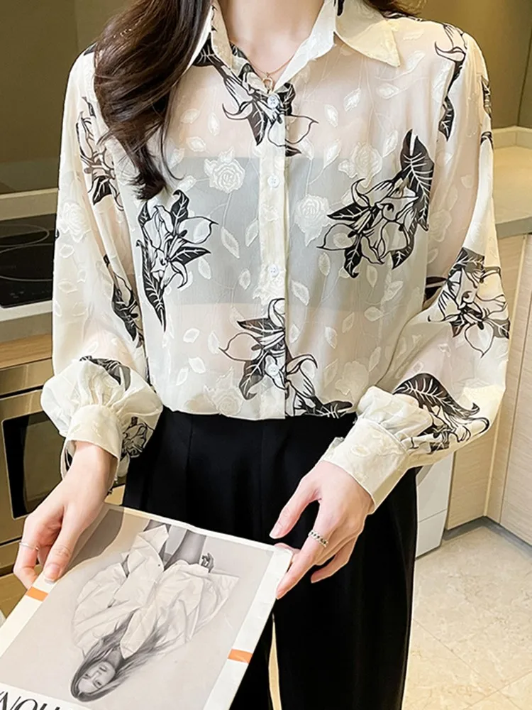 

Ladies Elegant Chiffon Shirts New 2022 Korean Style Floral Print All-match Loose Thin Women Long Sleeve Casual Tops Shirt W1031