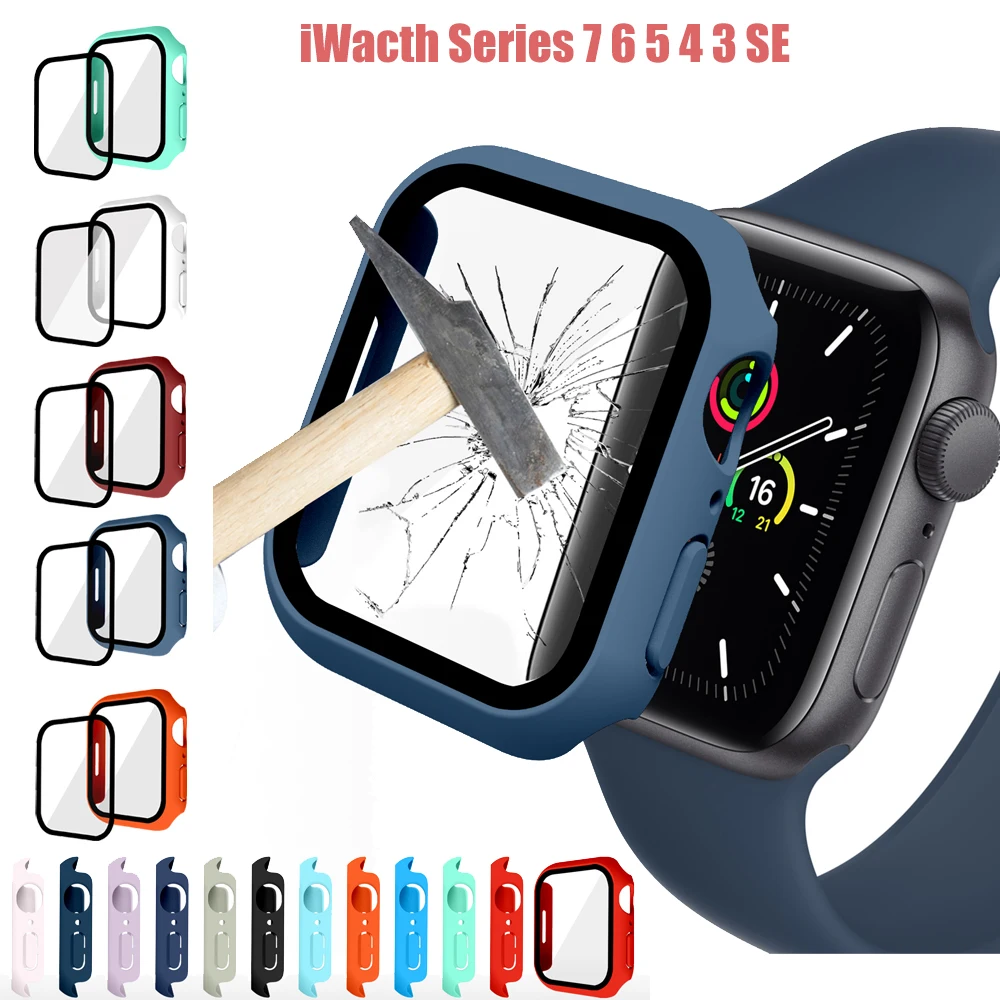 Стекло и крышка для Apple Watch чехол 7 6 SE 5 4 3 iWatch 45 мм 41 44 40 42/38 аксессуары защиты экрана