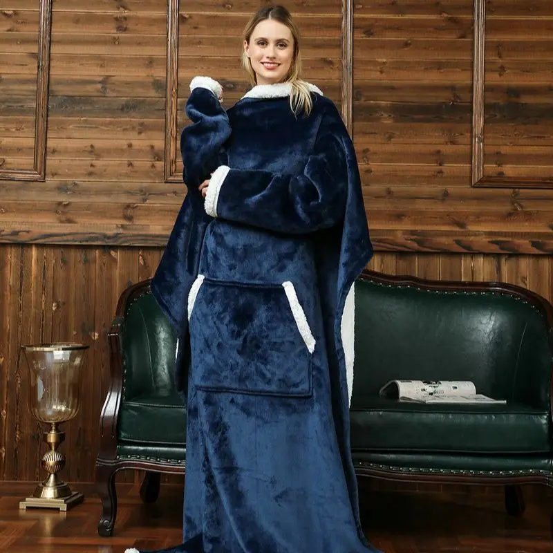

2022 Sleepwear Robe Super Long Flannel Blanket With Sleeves Winter Women Pullover Fleece Giant TV Blanket Oversized Nightgown
