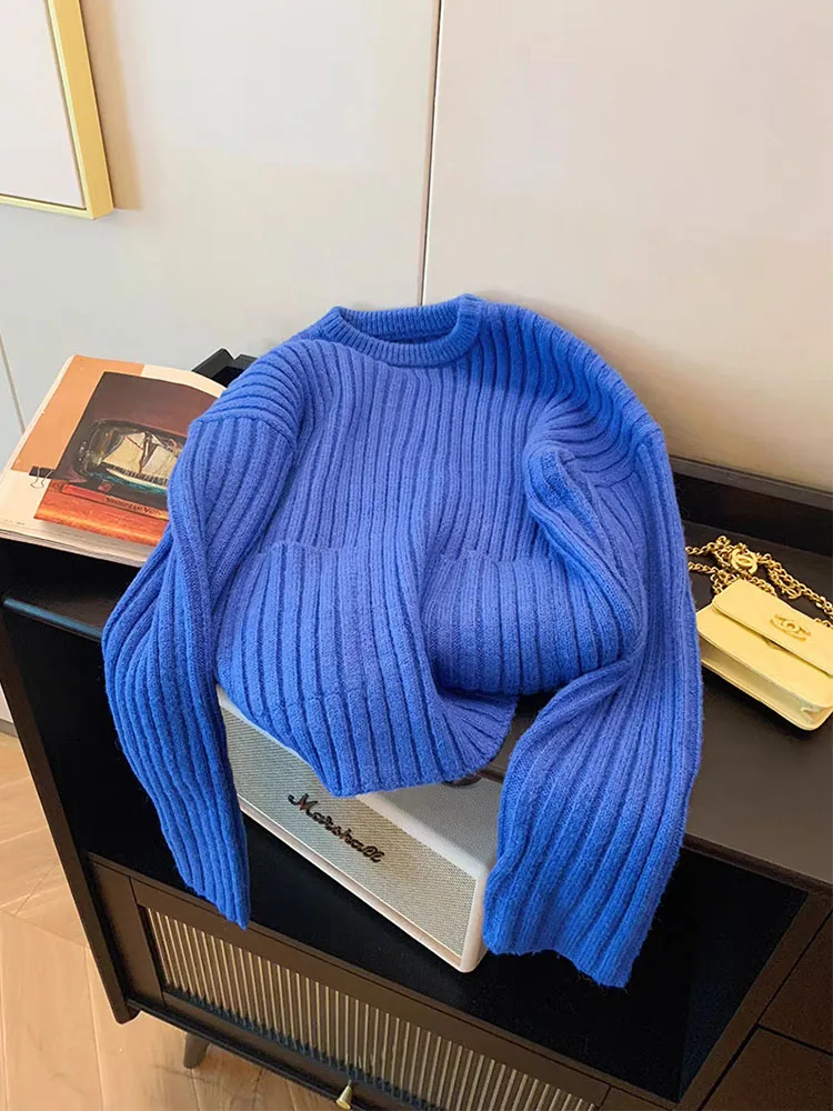 Корейские модные синие свитера с круглым вырезом осень-зима повседневные