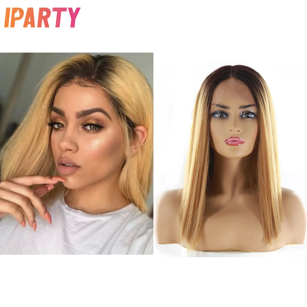 

Iparty черные женские синтетические кружевные передние Омбре цветные парики 14 дюймов средняя часть Короткий прямой парик разные цвета на выбо...