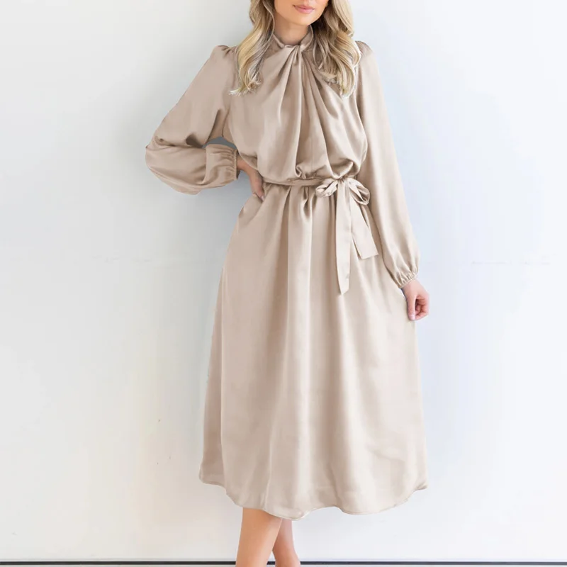 

Элегантное однотонное платье со складками на весну, женское Повседневное платье с длинным рукавом на шнуровке, новое модное ТРАПЕЦИЕВИДНОЕ...