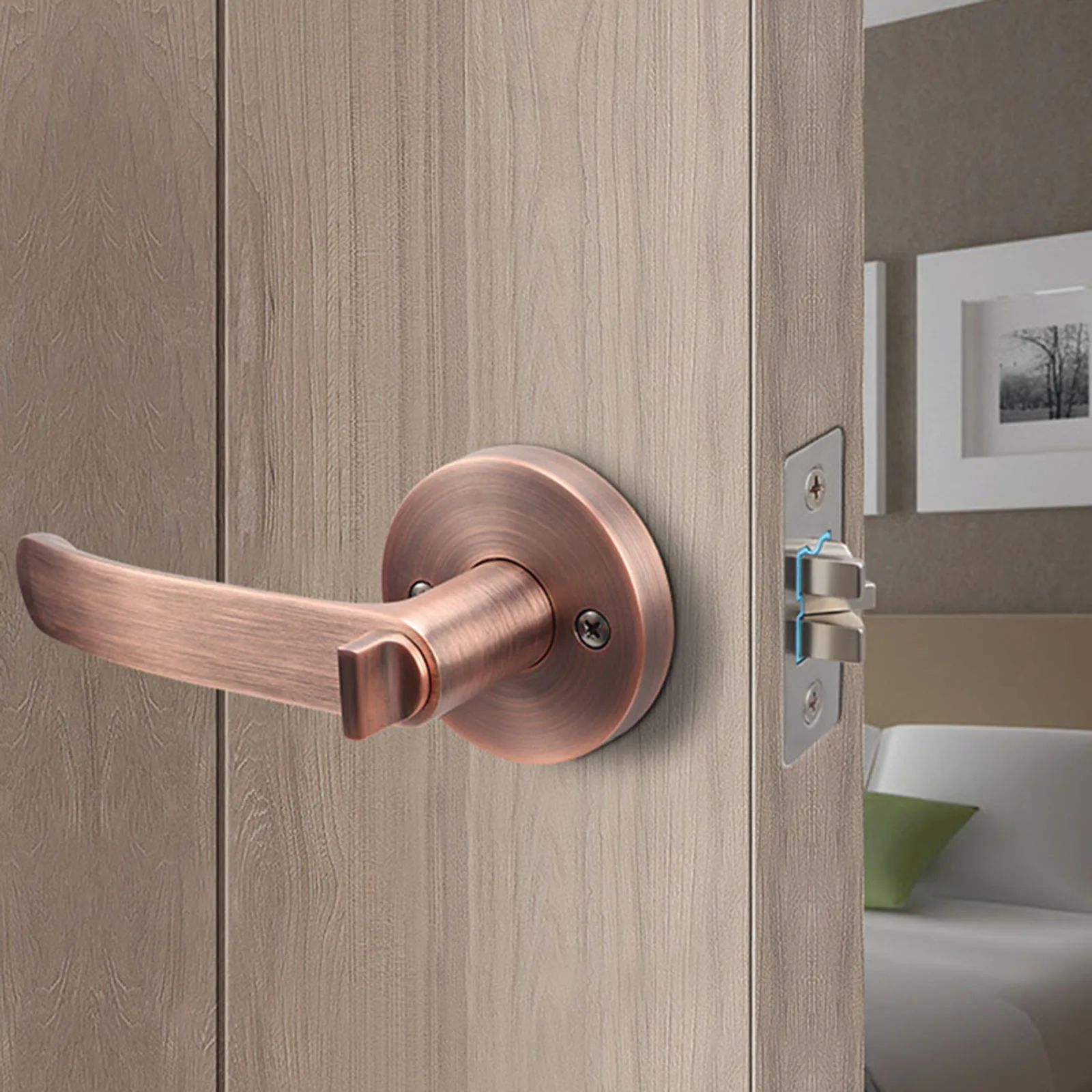 

Home Security Decoration Door Lock, Bedroom Door Zinc Alloy Lock With Key Nique Three-bar Handle Design Copper Core Marble 1pc