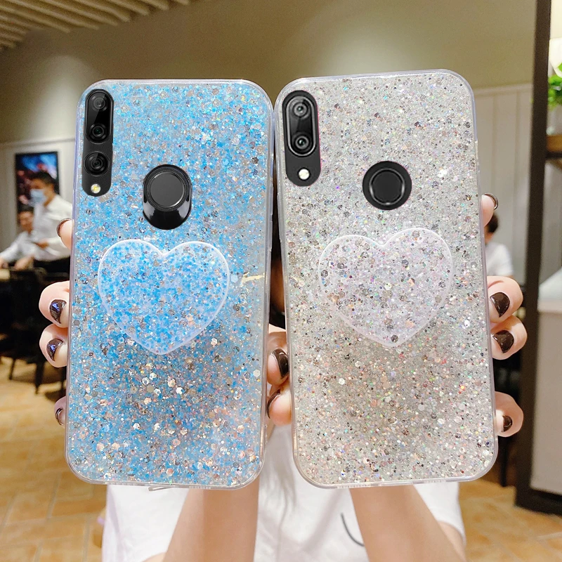 

For Huawei P30Lite P40 Mate20 30 Y6P Y7A Y9A Y9Prime2019 Luxury Shiny Glitter Heart Love Phone Holder Case Soft Silicone Cover