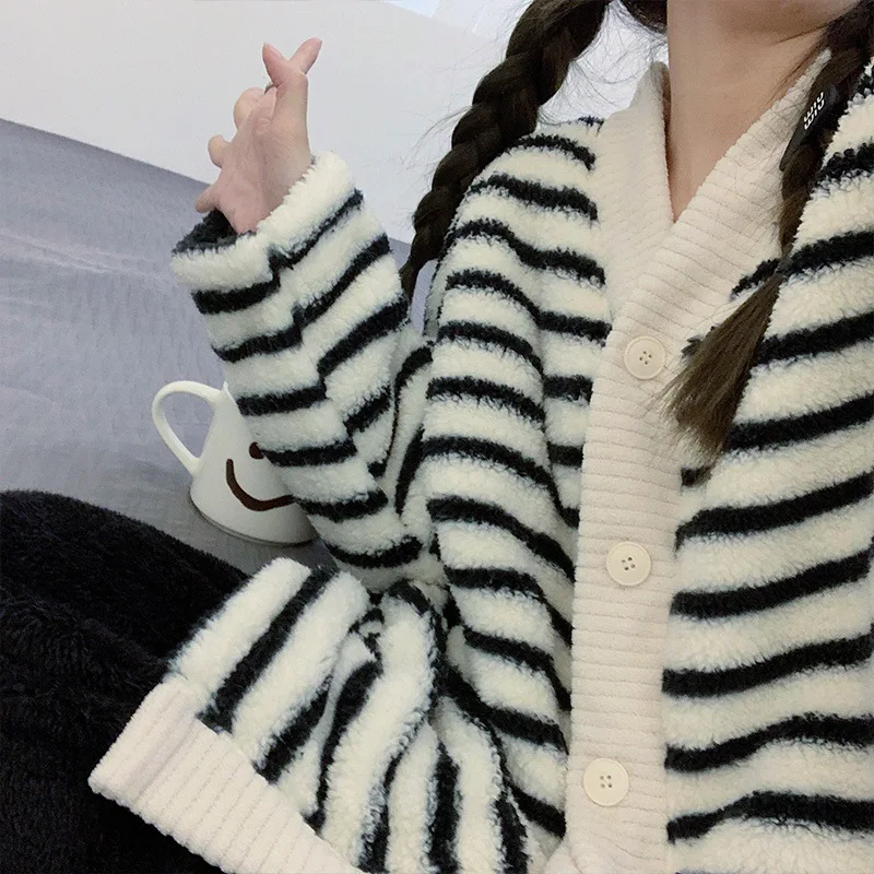Yasuk Winter Women Girl Casual Warm Soft Sleepwear Pajamas With Pant Velvet Fleecel Cute Thick Pocket Simple Black White Stripes