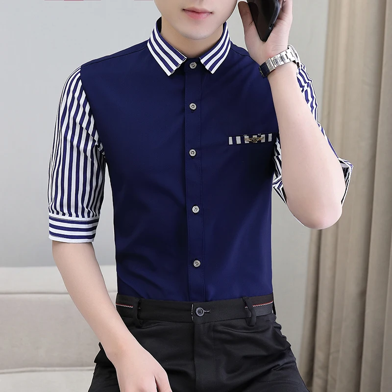 

Men's Short-sleeve Shirt Korean Fashion Summer Seven Points Shirt Boys Leisure Handsome Loose Five Inches of Sleeve Shirt S-4XL
