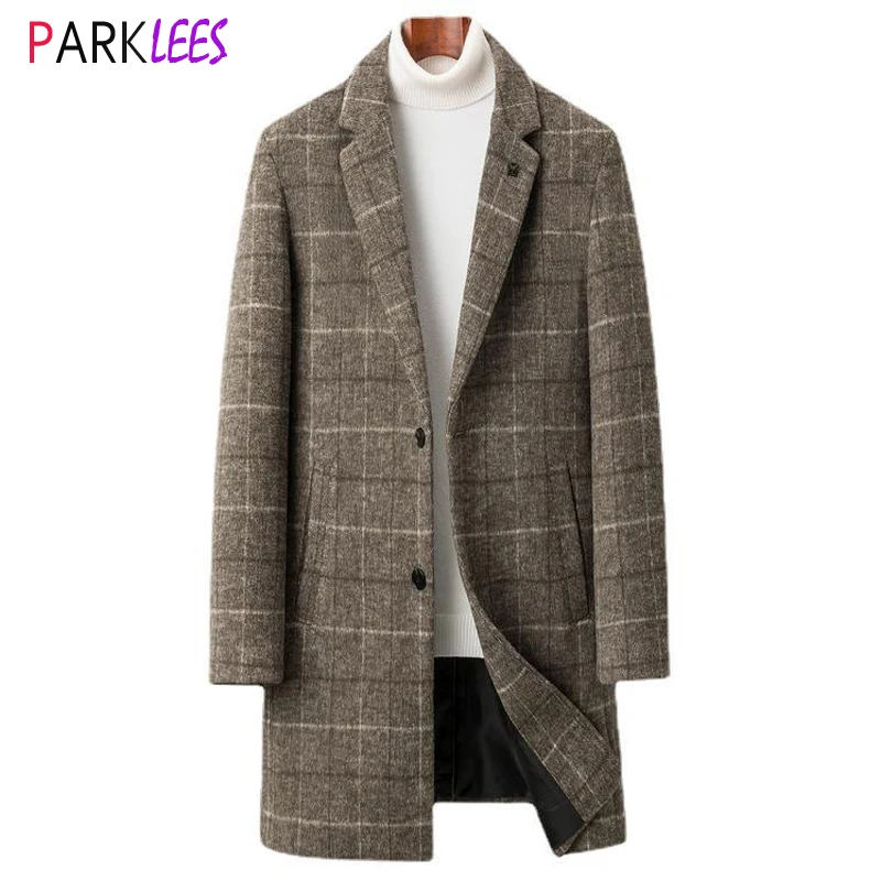 

Mens Plaid Checked Wool Trench Coat 2023 Fashion Single Breasted Notched Lapel Cashmere Coat Men Slim Fit Winter Windbreaker 4XL