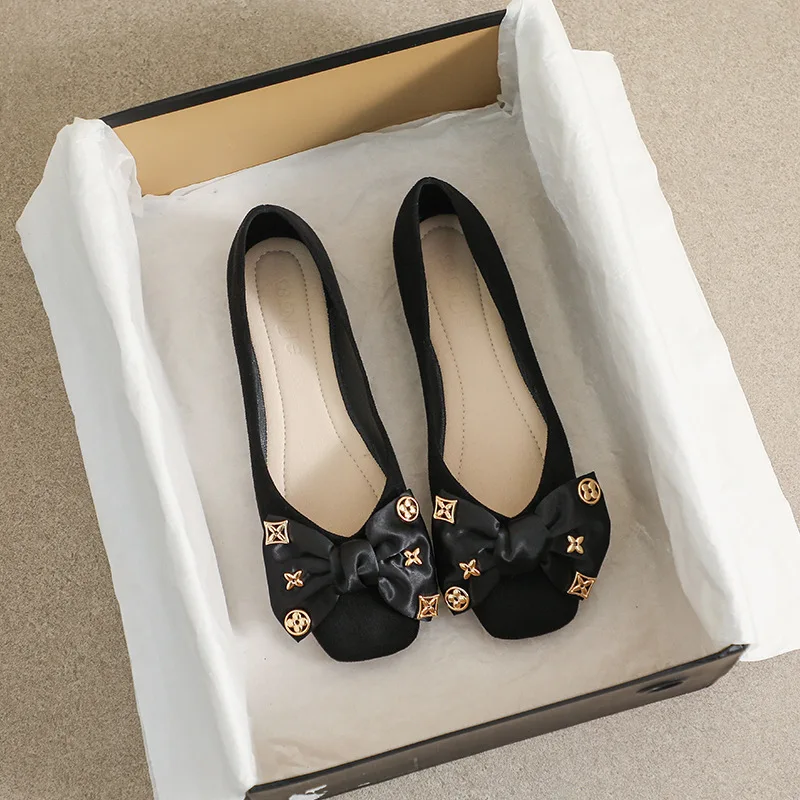 Square Toe Retro Houndstooth Single Shoes Women's Korean Version Bow Flat Beanie Shoes Soft Bottom Shallow Mouth Women Shoes