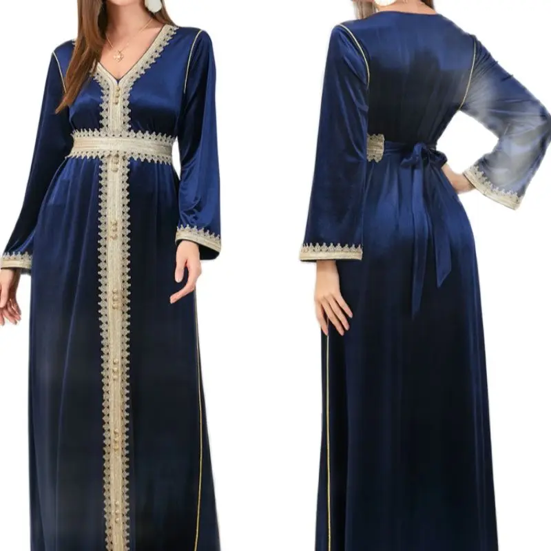 

Turkey Winter Muslim Velvet Dress Dubai Abaya Women Morocco Party Dresses Belted Kaftan Hijab Vestidos V-neck Maxi Prayer Abayas