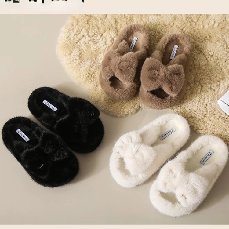 

Женские домашние тапочки с бантом, теплые однотонные хлопковые туфли на толстой подошве, нескользящая обувь на плоской подошве с круглым носком, для зимы, 2023