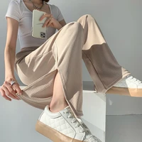 ice silk cotton split wide leg pants womens spring and summer elastic high waist loose casual all match mopping straight pants