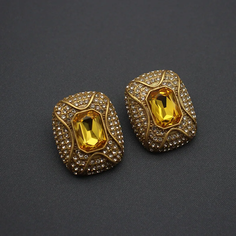 

European and American fashion medieval square yellow zircon earrings