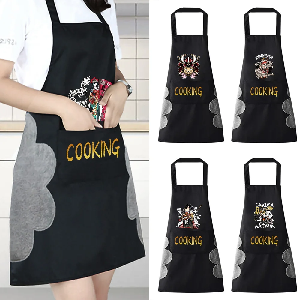 

New Household Kitchen Aprons Men Women Oil-proof Waterproof Bib Adult Samurai Series Coffee Beauty Work Apron Wipe Hand Overalls