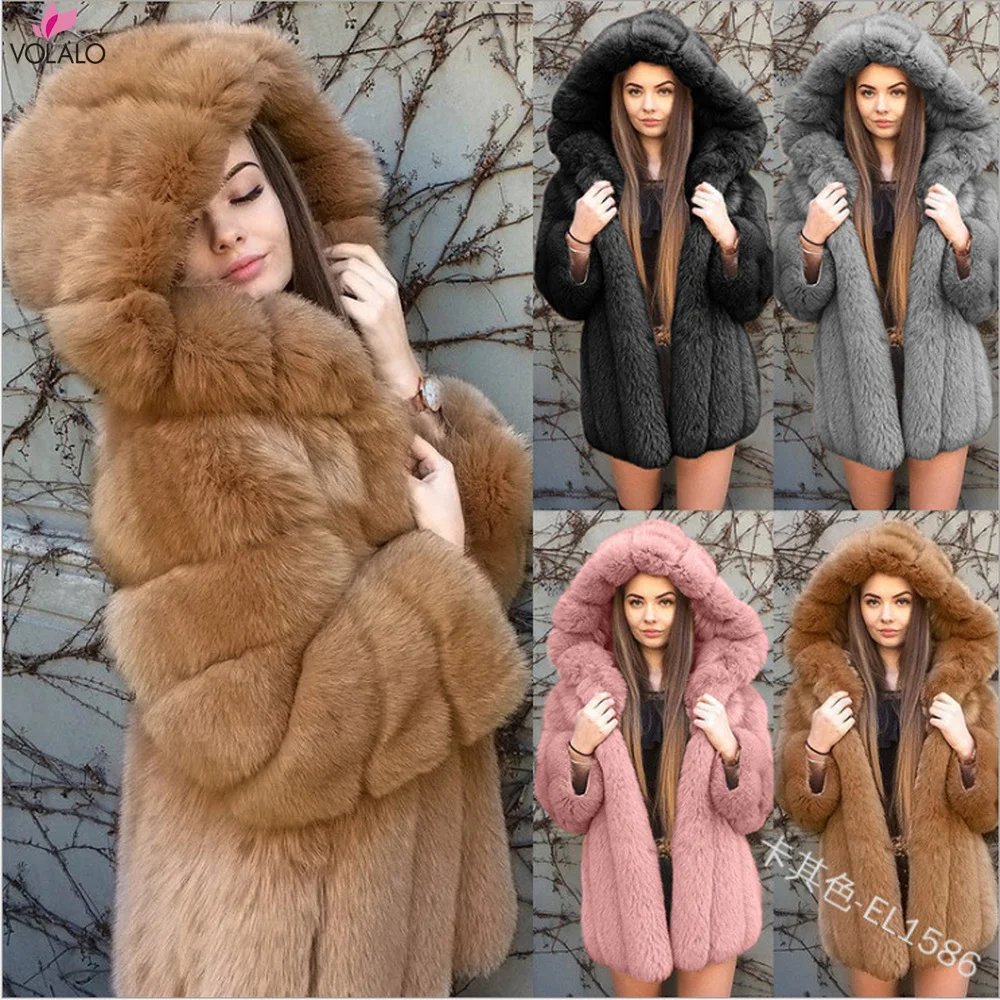 

VOLALO 2023 Newest Fluffy Hooded Faux Fur Coat Women Winter Coats Thick Warm Long Sleeve Fur Jacket Winter Fur Coats