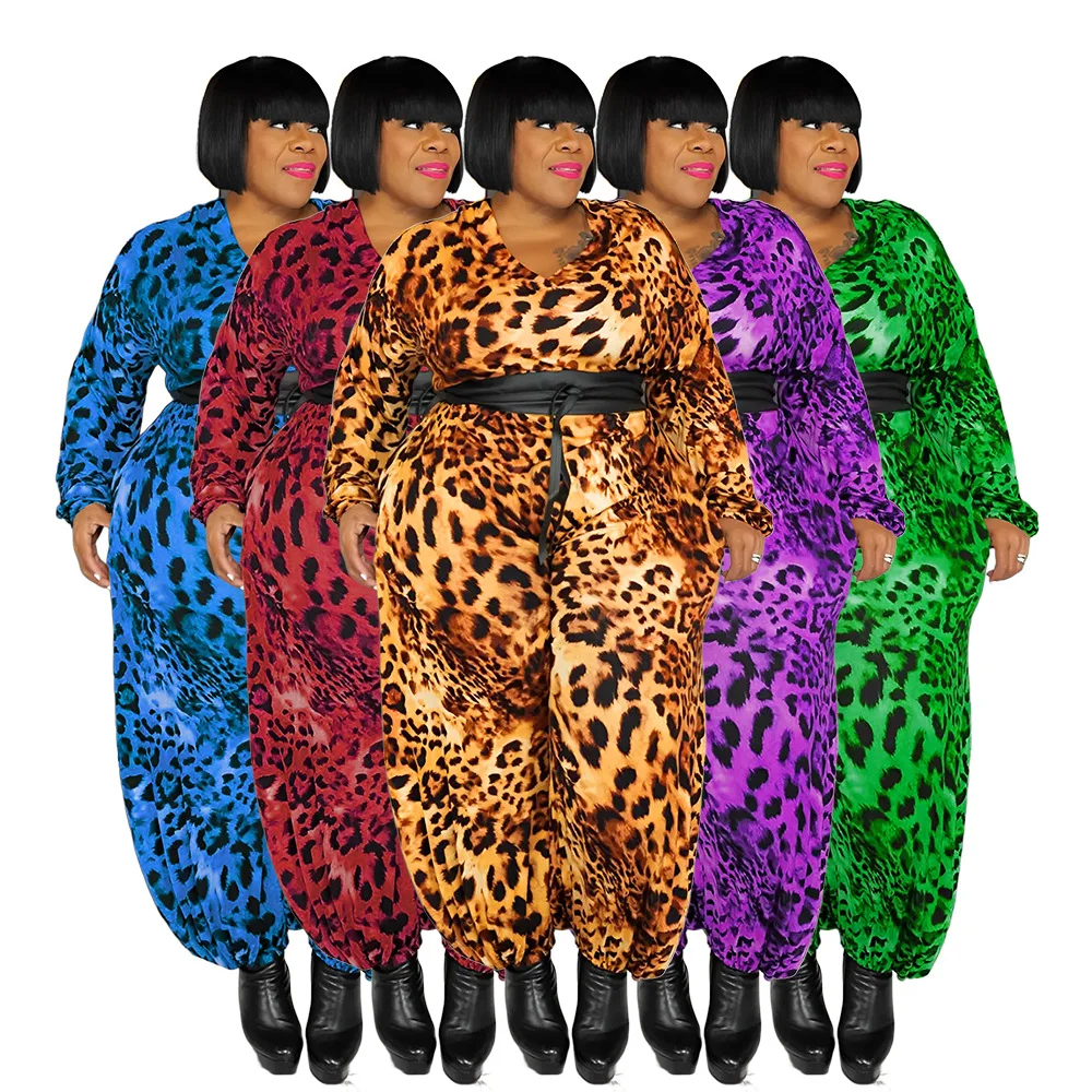 Plus Size Elegant Jumpsuit For Women Leopard Casual One Piece Outfit 2022 Fall Female V Neck Jumpsuit Lady Designer Pants