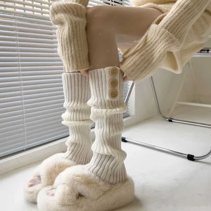 

Гетры, вязаные носки для ног, женские носки с ворсом в стиле "Лолита", Корейская версия, чулки в японском стиле, белые утепленные носки JK с пуговицами
